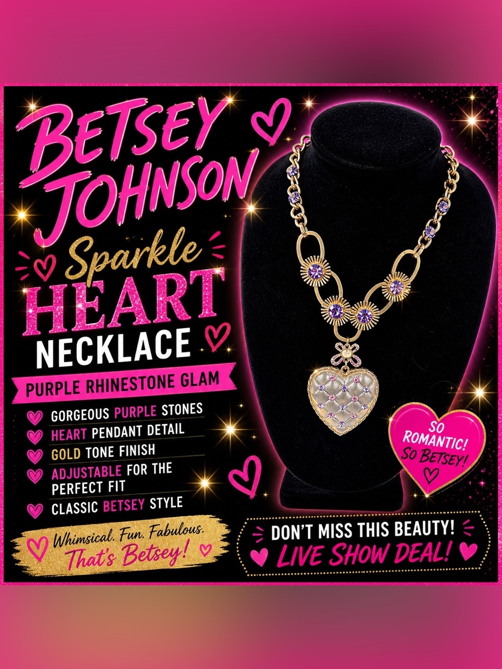 Betsey Johnson Gold Tone Purple Rhinestone Heart Pendant Necklace Statement